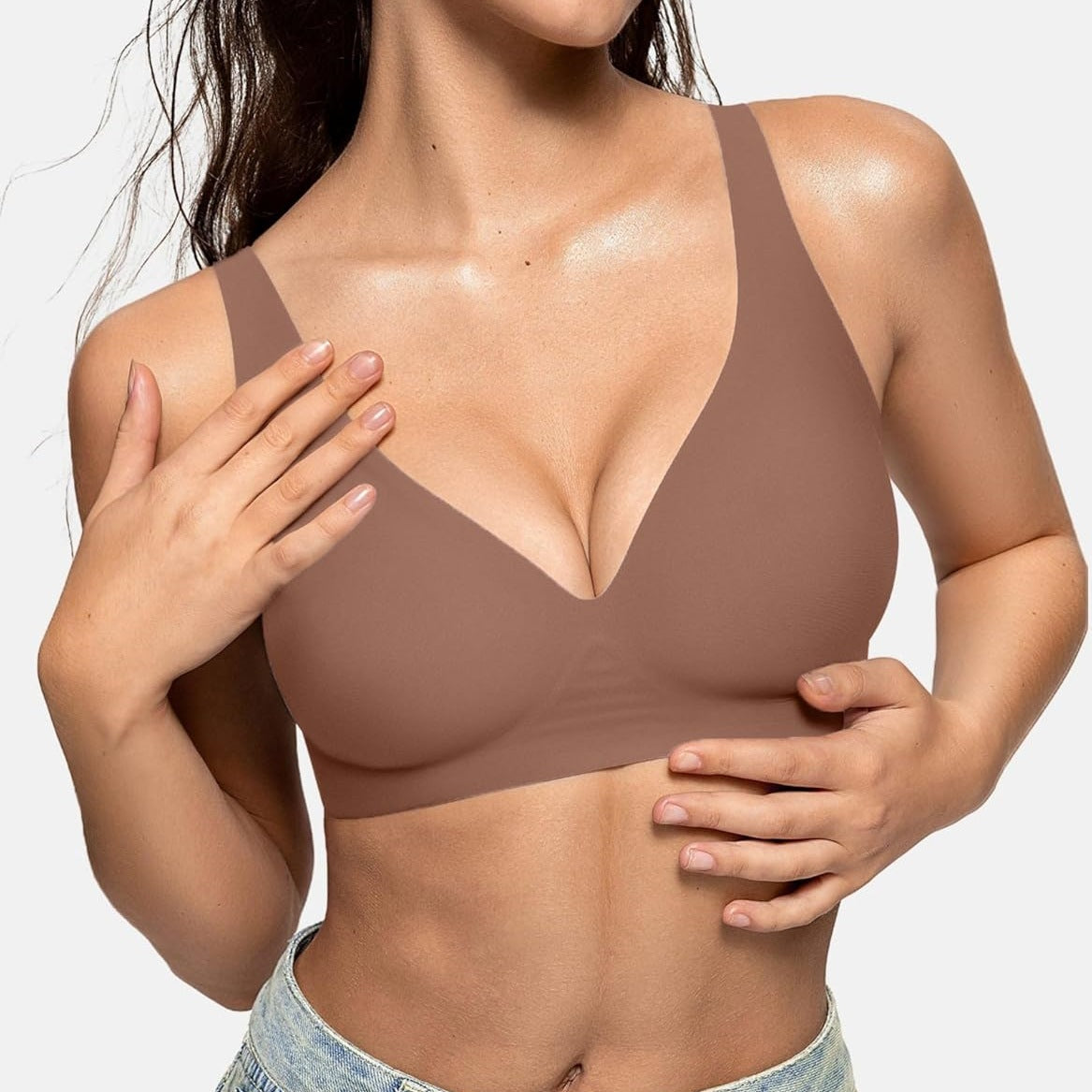 OEAK Women's Deep V Bra Wire-Free Comfort Bra Support Wire-Free Bra T-Shirt Push-Up Bra